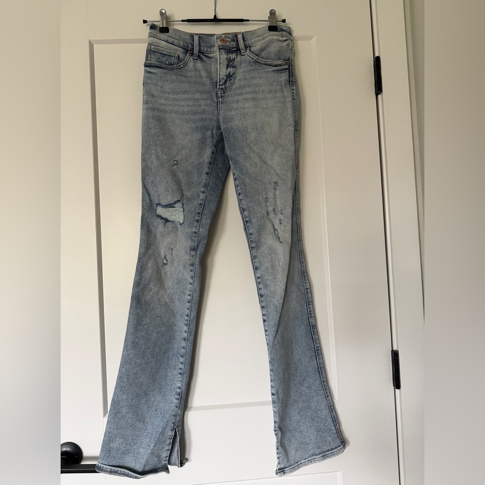 Express Light Blue Distressed Flare Jeans